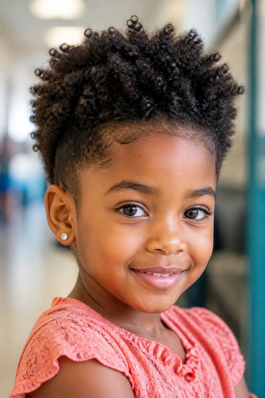 Close-up of a real girl with a tapered coily cut hairstyle