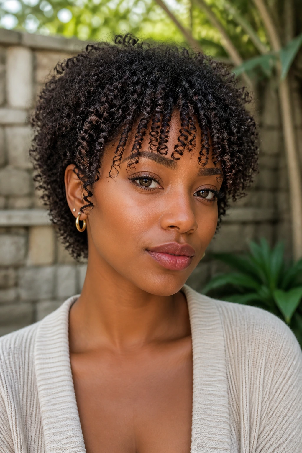 Close-up of a woman with tapered coily cut and bottleneck bangs
