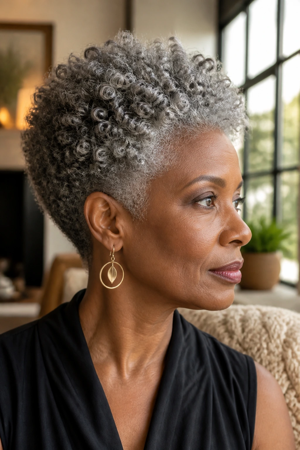 Close-up of a real woman with silver-gray coily hair styled in a tapered cut