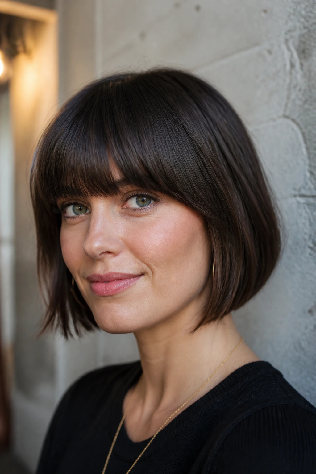 Close-up portrait of a real woman with a full center fringe and tapered corners.