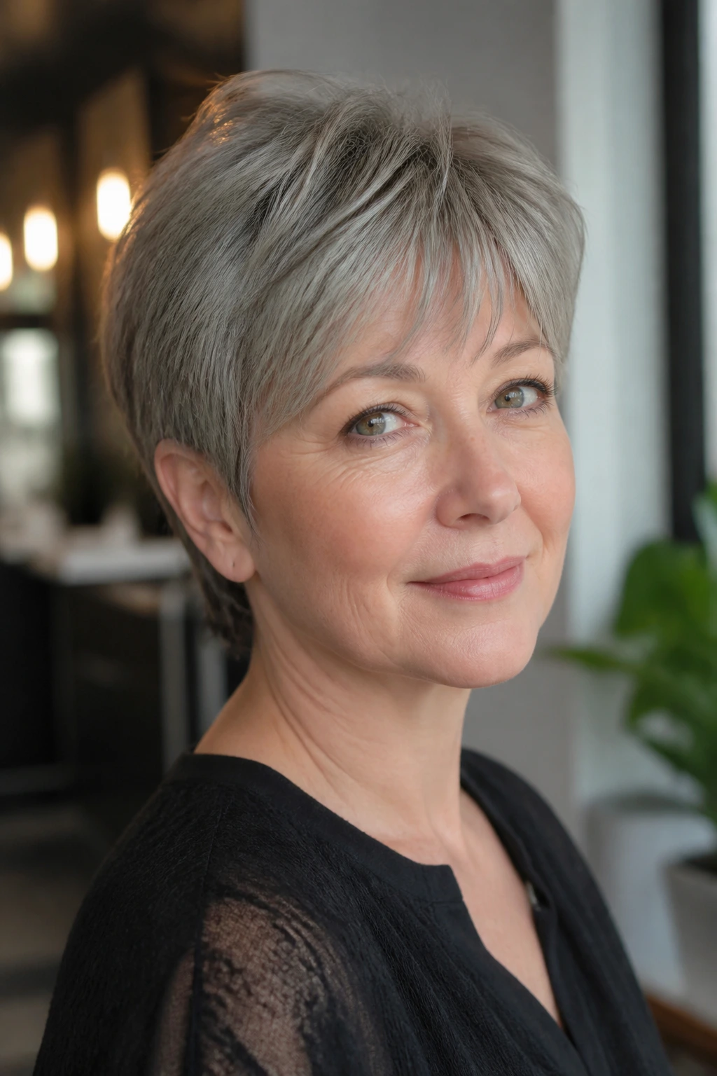 Close-up portrait of a woman with a tapered crop and airy bangs in natural light.