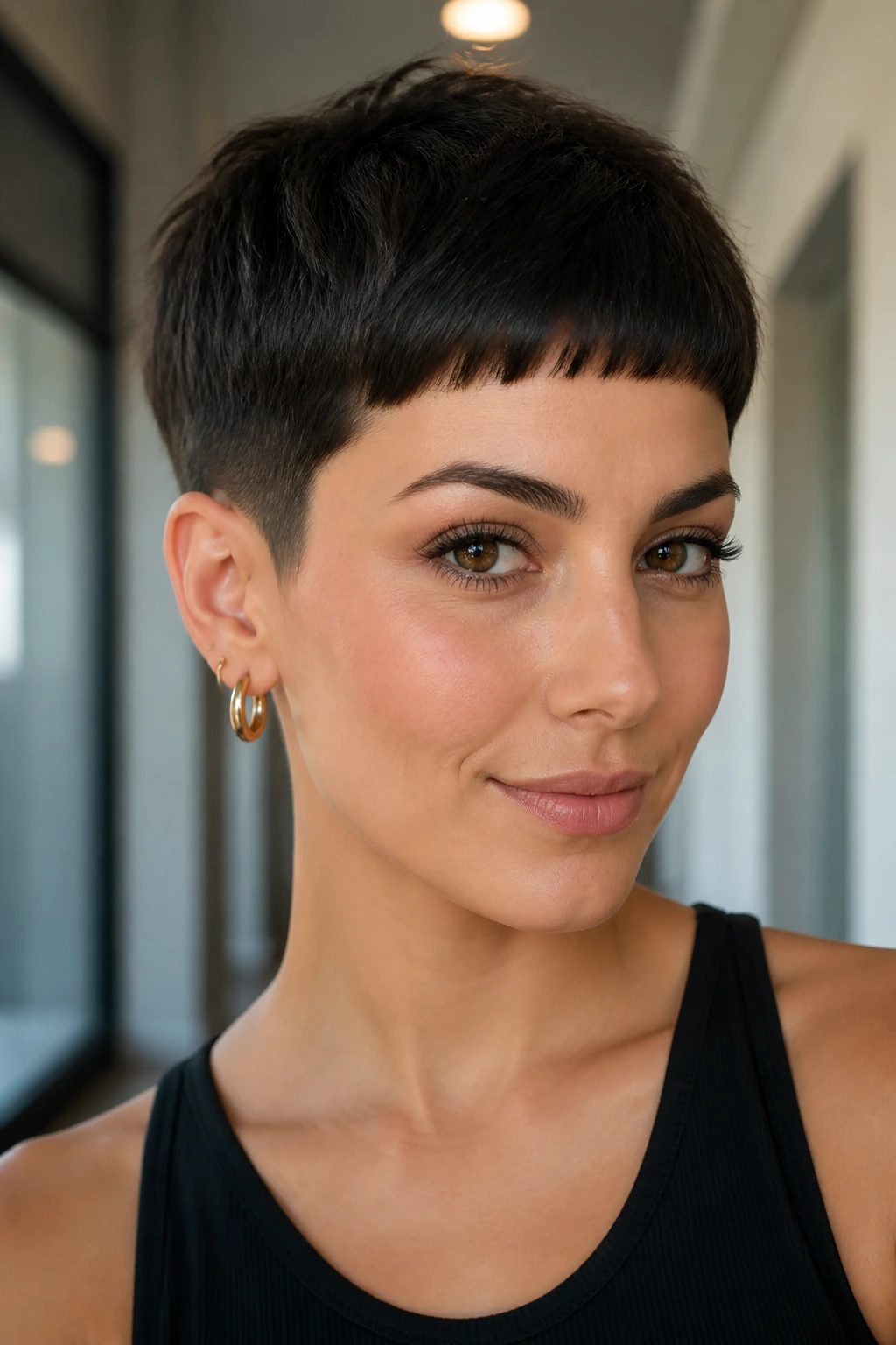 Close-up portrait of a real woman with a tapered crop and baby bangs in bright hallway light