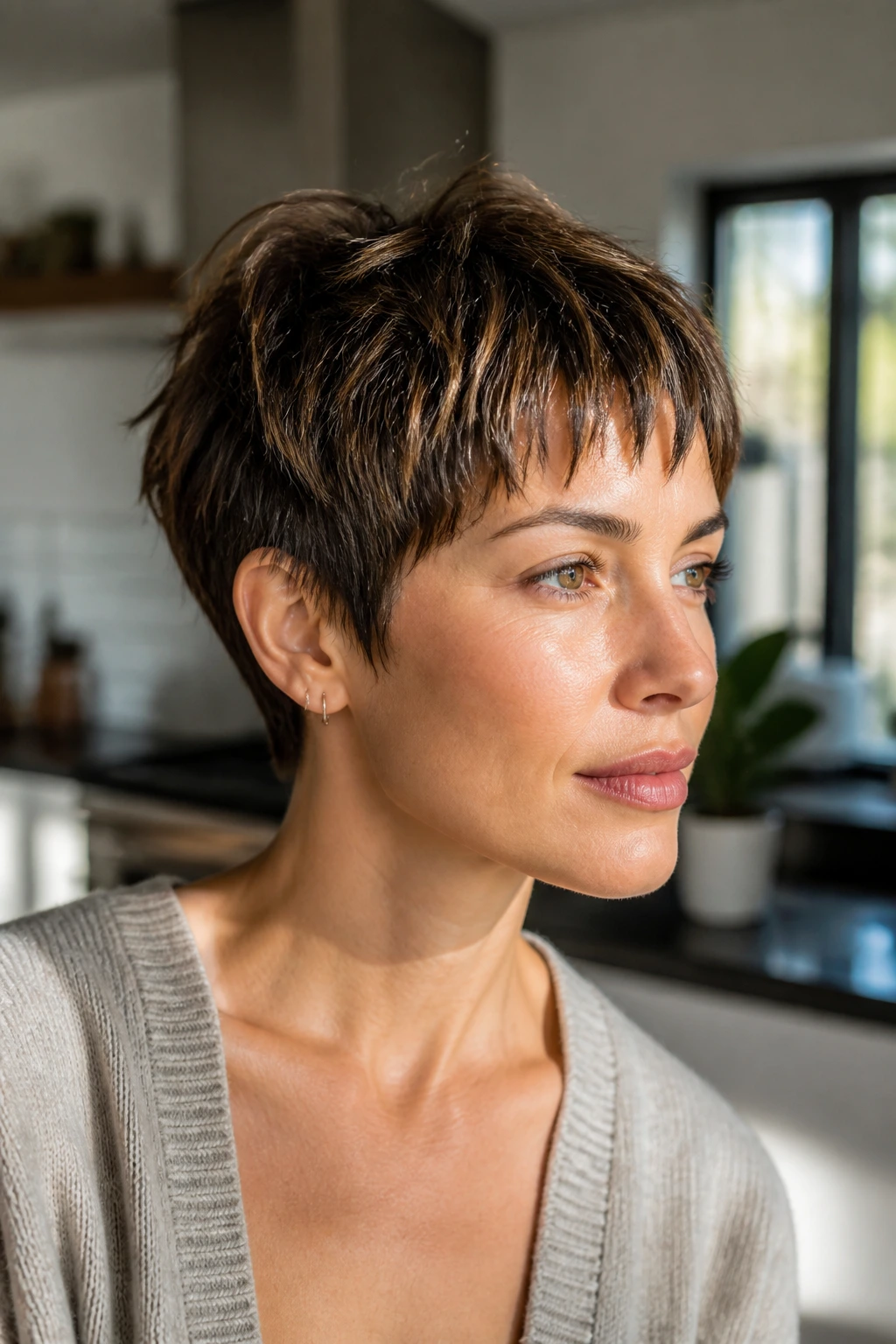 Close-up of a real woman with a tapered crop and broken piecey bangs in morning kitchen light.