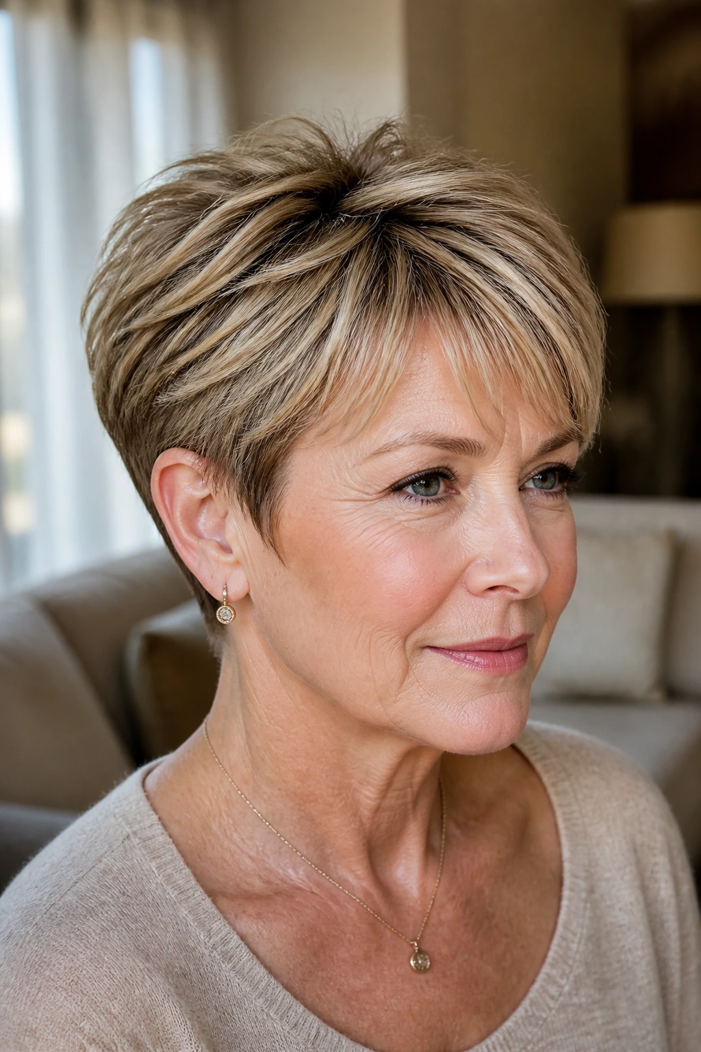 Close-up of a woman with a tapered crop and caramel lowlights