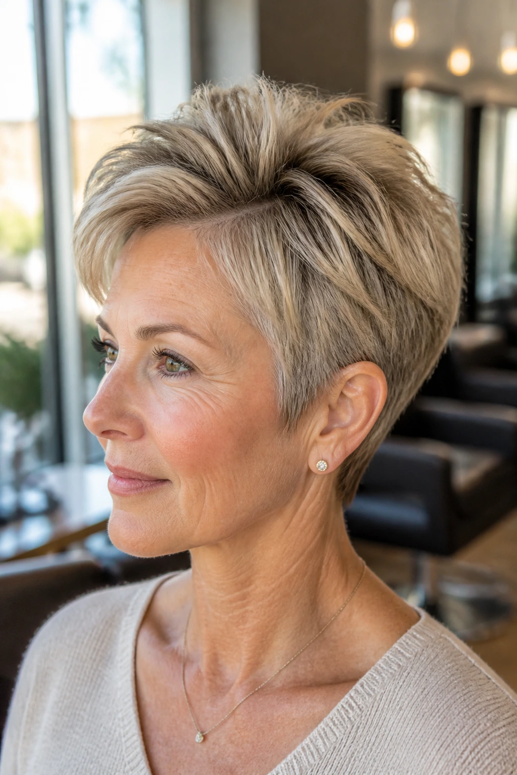 Close-up of a real woman with a tapered crop showing crown lift under natural light