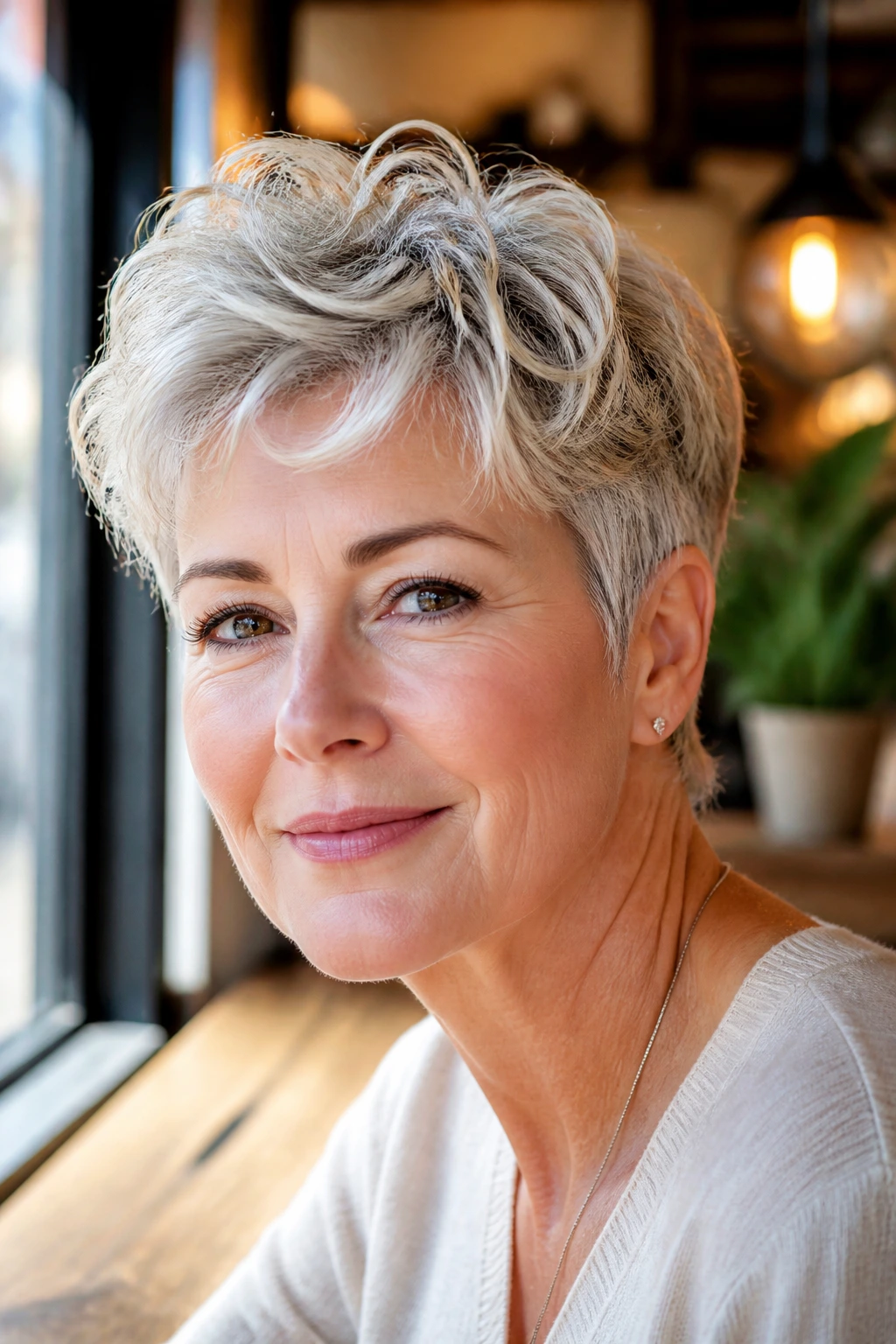 Close-up portrait of a real woman with a tapered crop and crown volume
