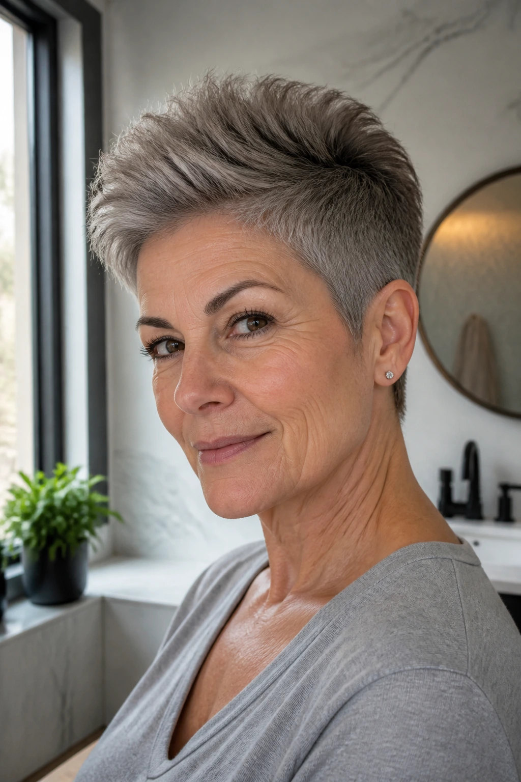 Close-up of a woman with a tapered crop and crown lift in natural daylight