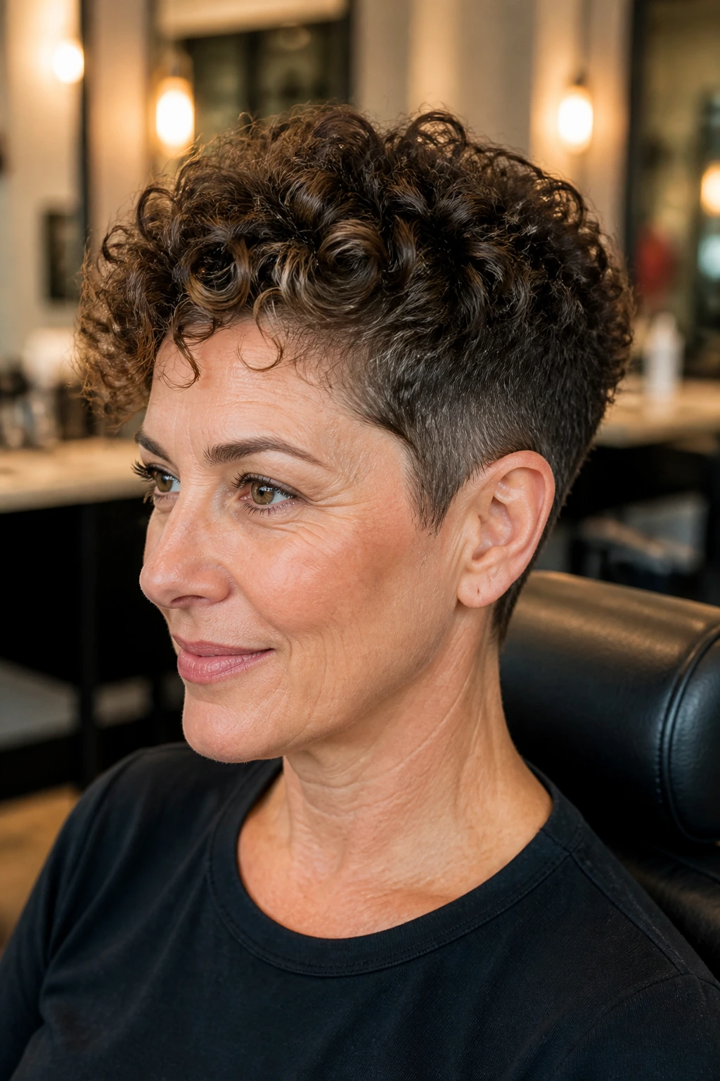 Close-up portrait of a real woman with a tapered crop and clean sides
