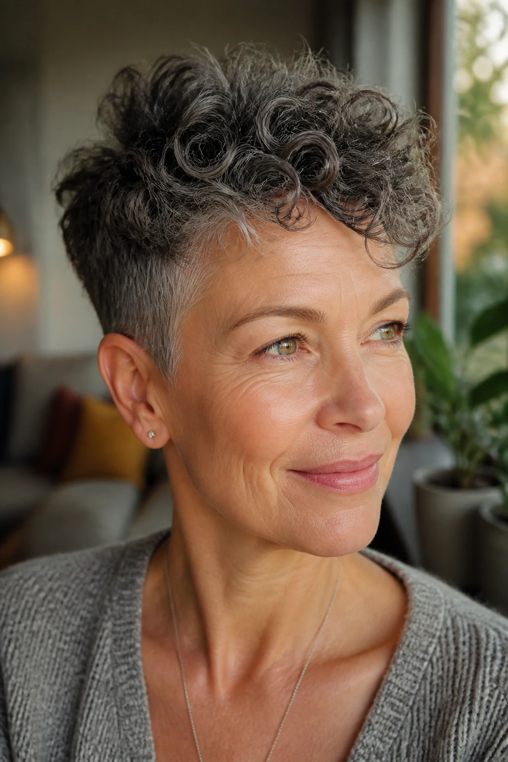 Close-up portrait of a real woman with a tapered crop and longer top curl