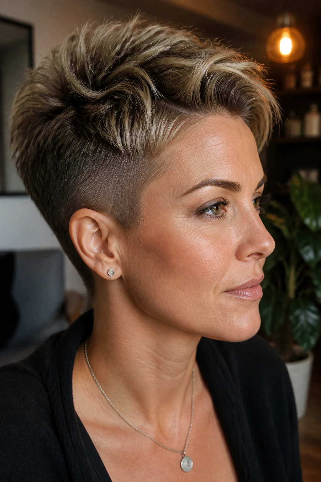 Close-up of a real woman with tapered crop and lifted crown