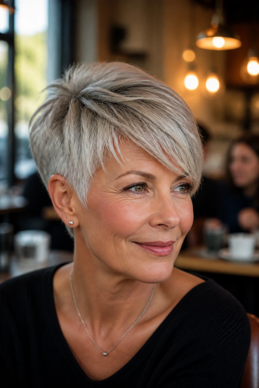 Close-up portrait of a woman with tapered crop and side-swept fringe