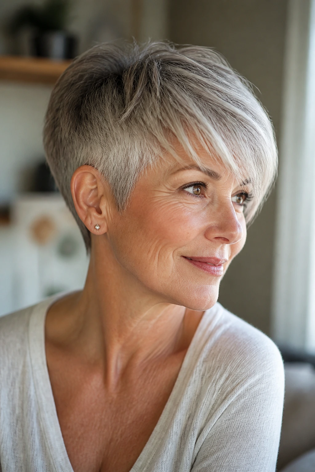Close-up of a real woman with a tapered crop and sweeping fringe.