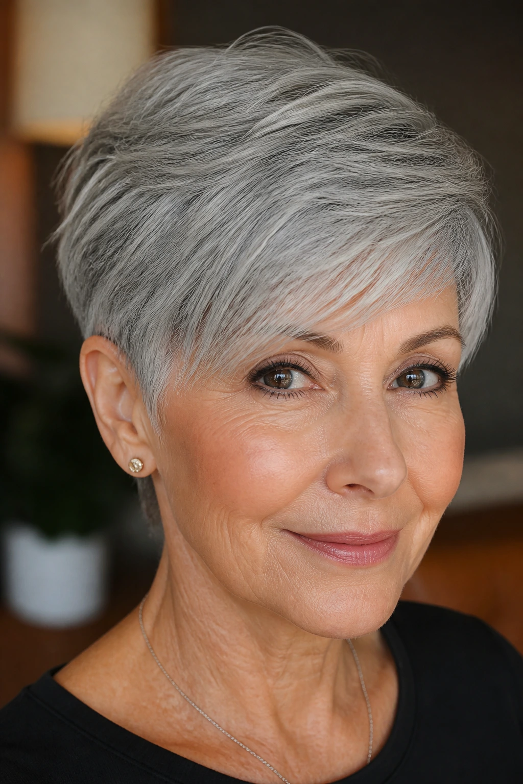 Close-up of a woman with a tapered crop and side-swept fringe
