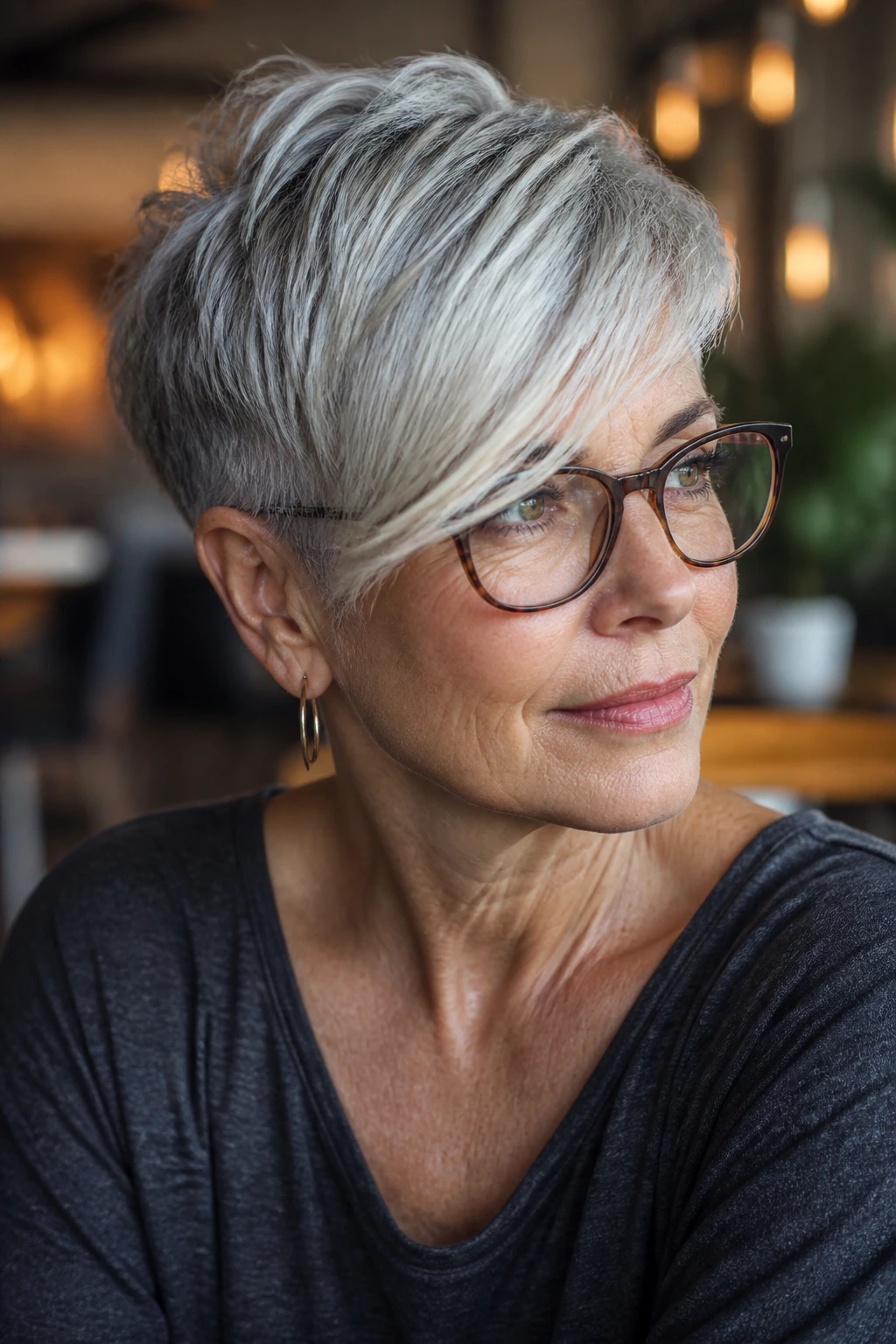 Portrait of a woman with a tapered crop and side-swept fringe
