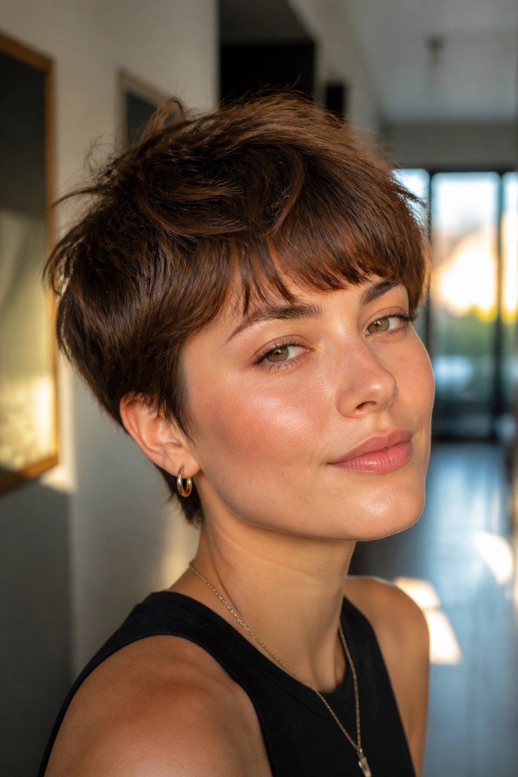Portrait of a person with a tapered crop and soft fringe.
