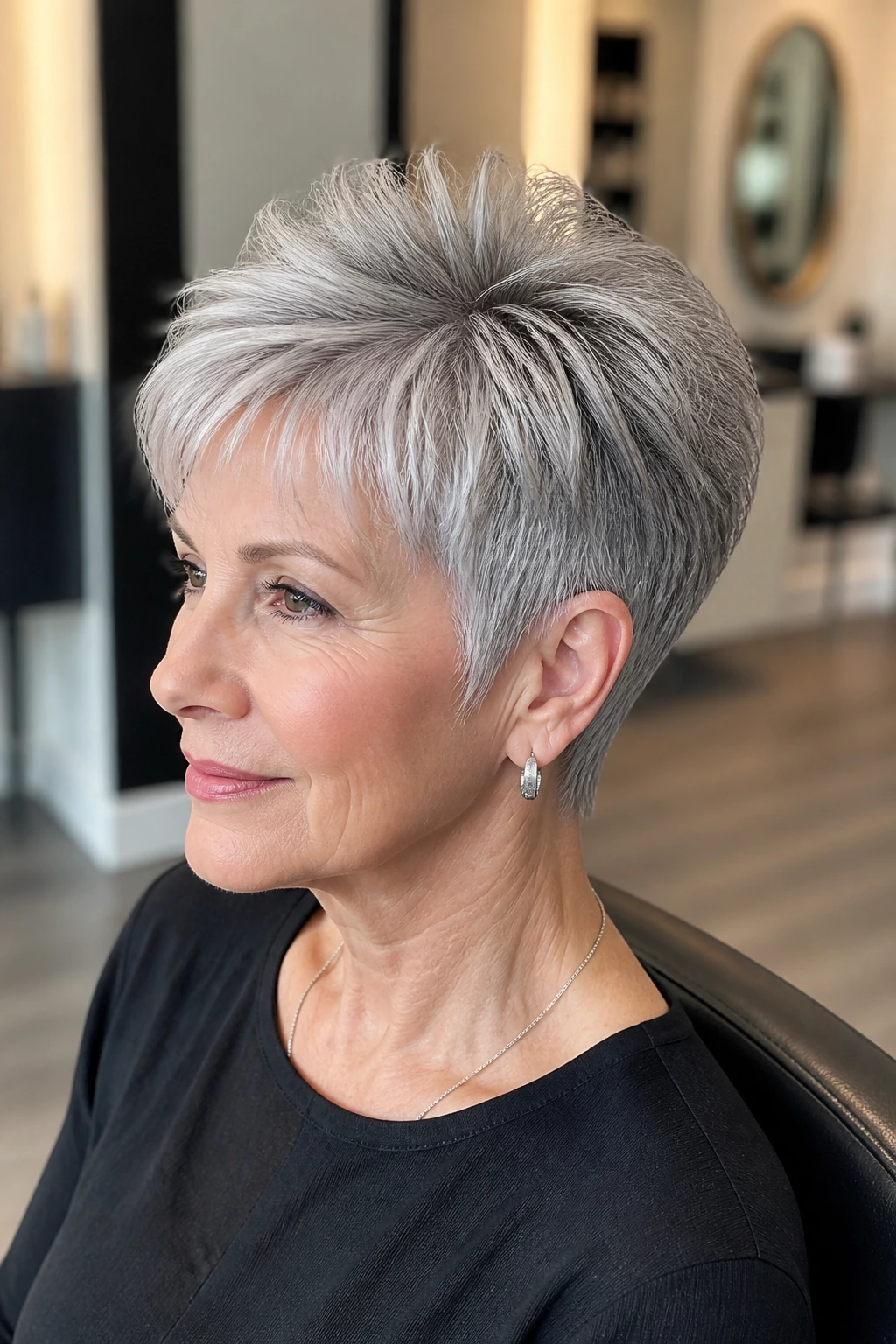 Close-up of a real woman with a tapered crop and lifted crown in gray hair