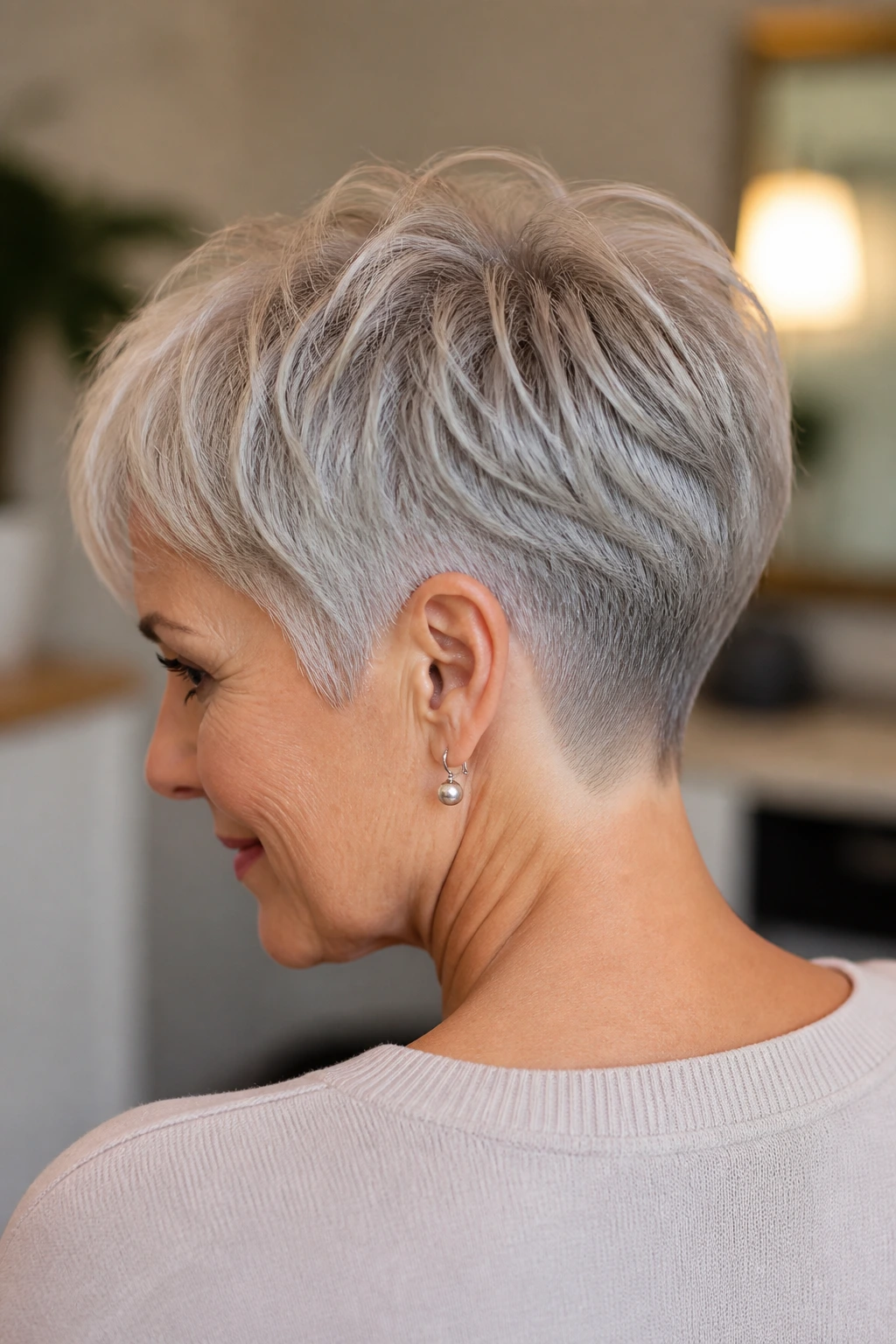 Close-up of a real woman with a tapered crop and clean nape in natural light.