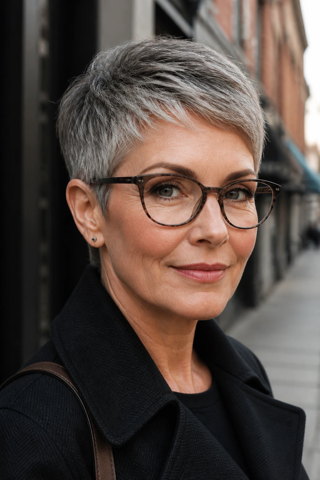 Close-up portrait of a real woman with a tapered crop hairstyle