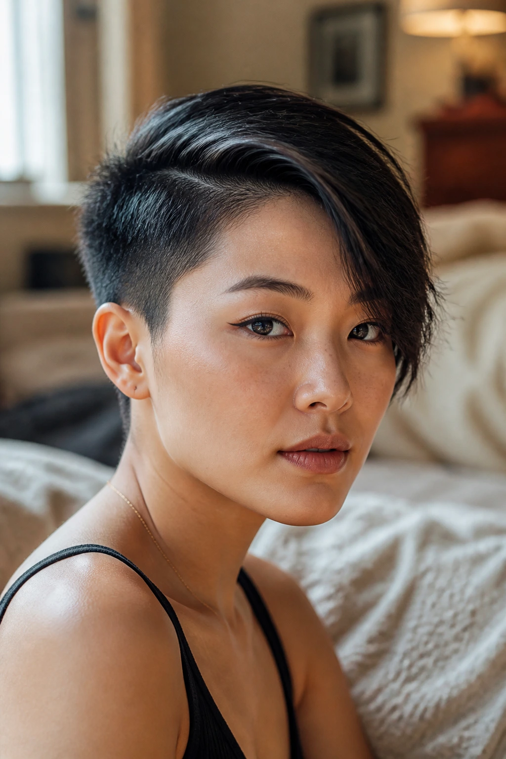 Close-up of a real person with a tapered crop and long crown in warm bedroom light