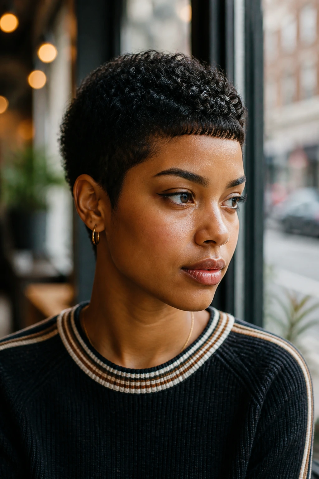 Close-up portrait of a real person with a tapered crop and micro bangs in warm window light