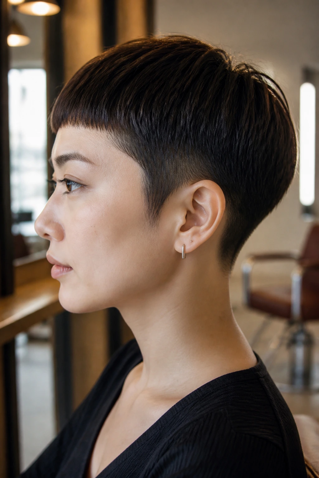 Profile view of a real woman with a micro fringe and tapered crop undercut