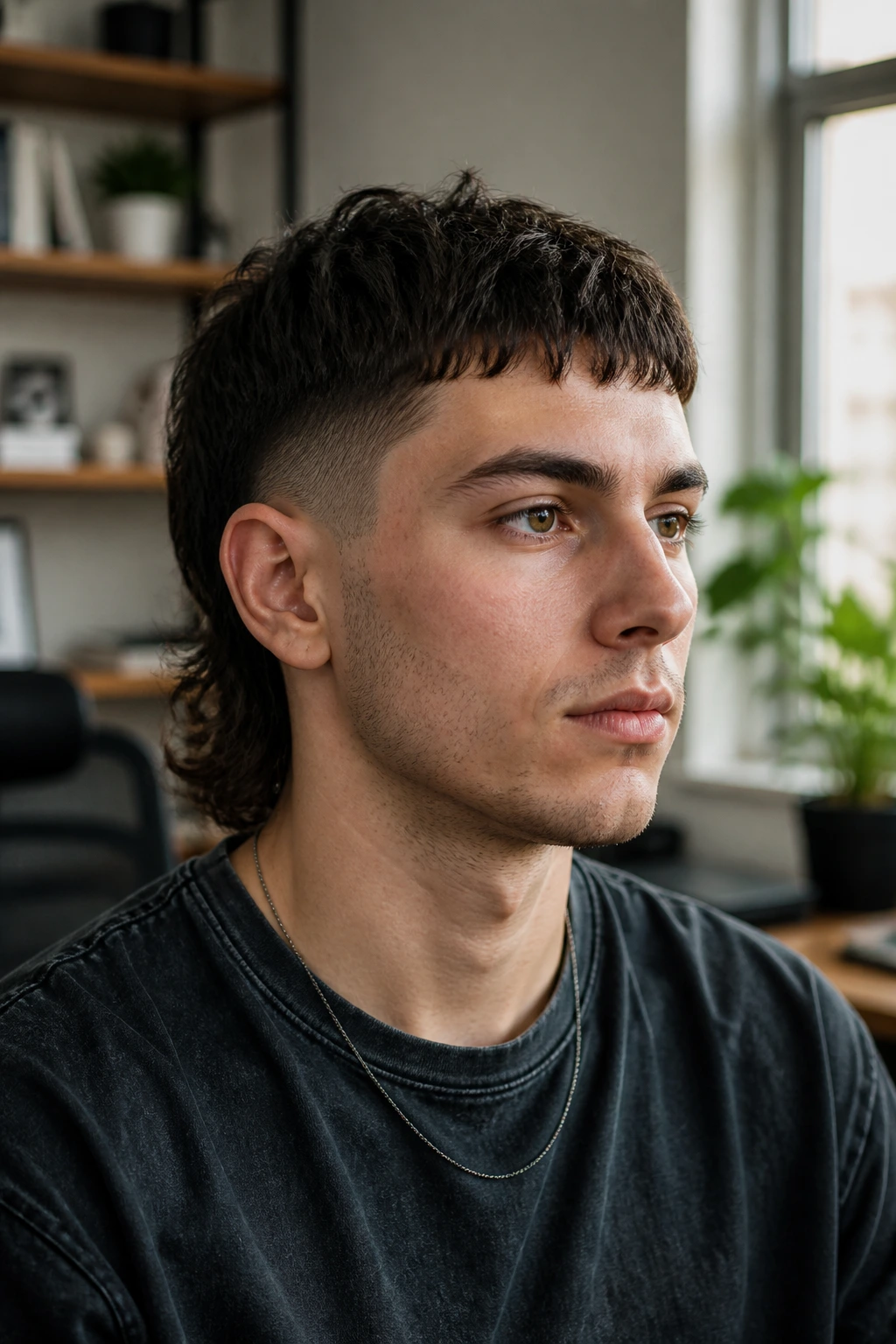 Close-up of a real person with a tapered crop mullet, tight sides and longer back under natural window light.