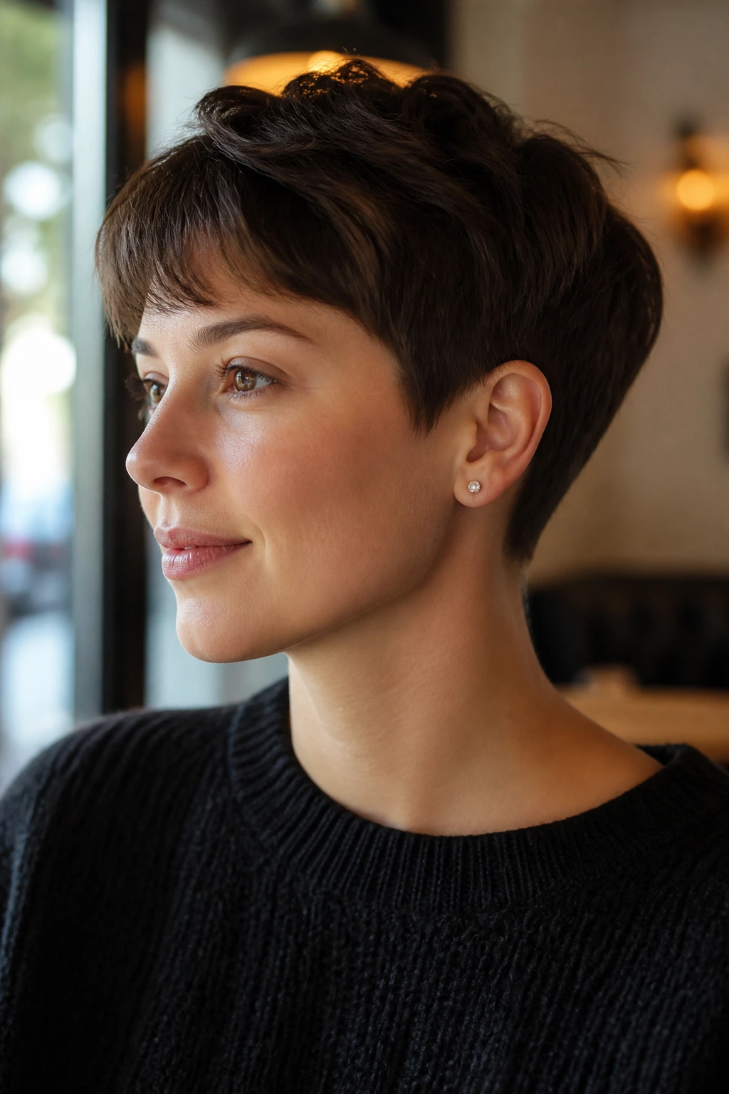 Close-up of real person with a Tapered Crop With Neckline Taper under café window light
