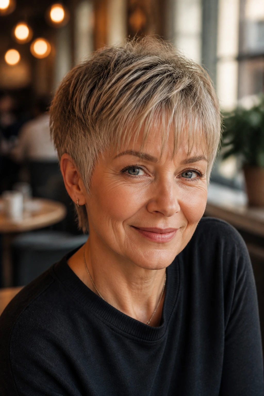Real person with tapered crop and see-through bangs in a cafe