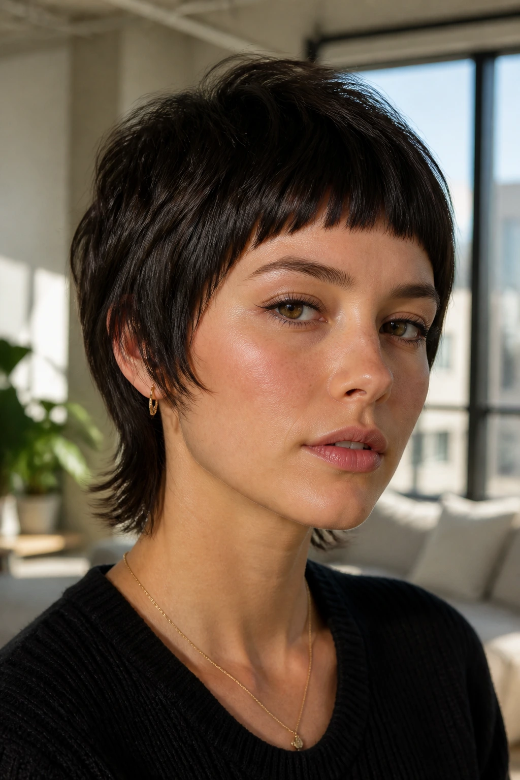 Close-up portrait of a real person with tapered crop shag and cropped straight bangs
