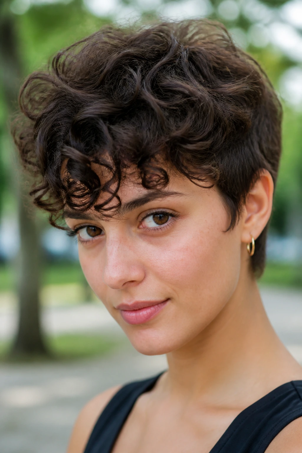 Close-up of real person with tapered crop shag and curly fringe outdoors