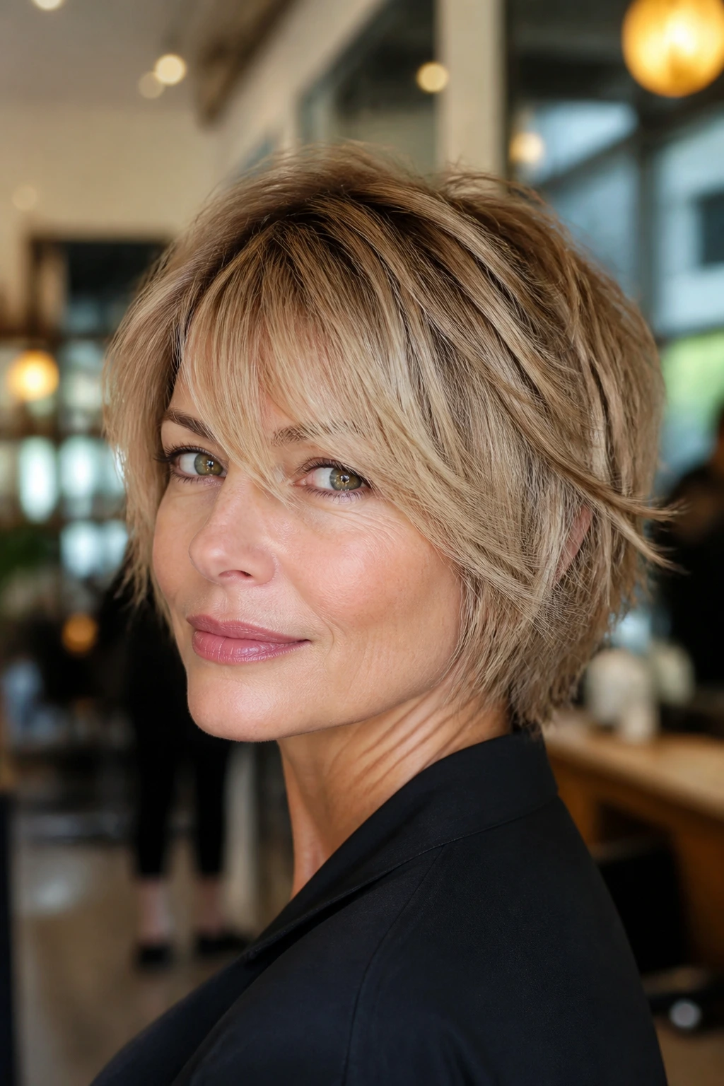 Close-up portrait of a real woman with a tapered crop shag and sweeping bangs
