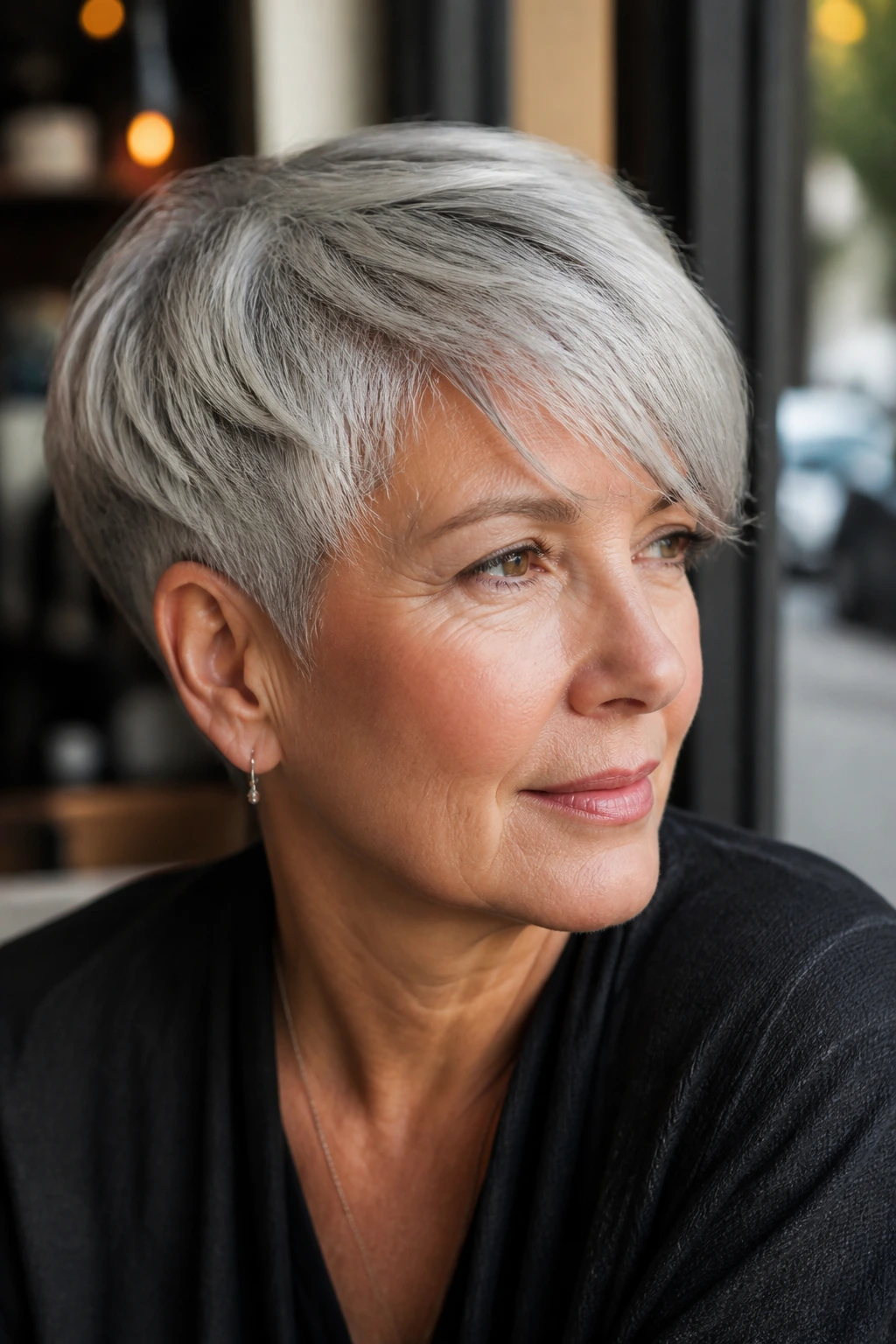 Real woman with a tapered crop and side-swept fringe.