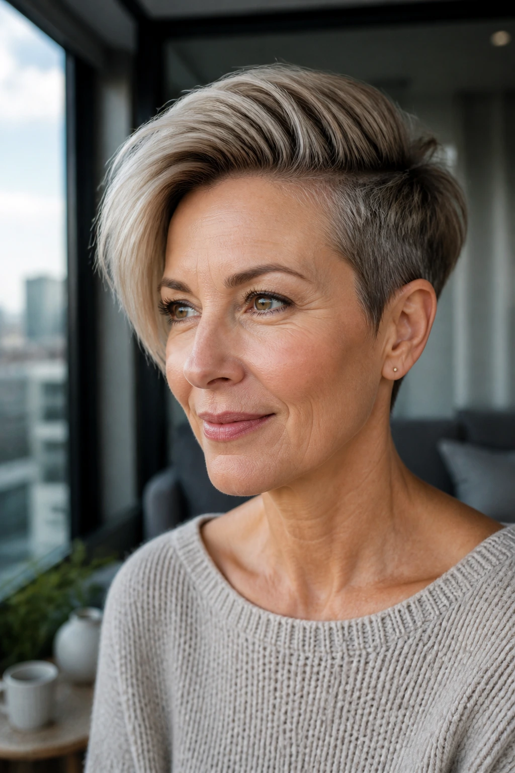Close-up of real woman with tapered crop and side sweep