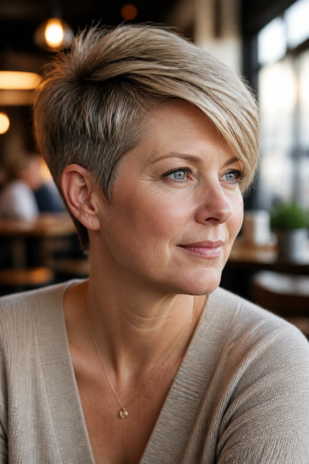 Close-up of a real person with tapered crop side-sweep thick hair