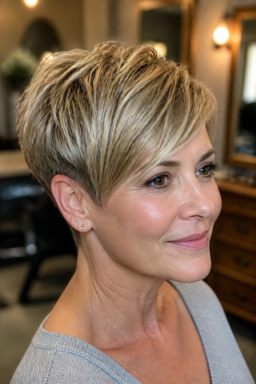 Portrait of a real person with tapered crop and side-swept bangs