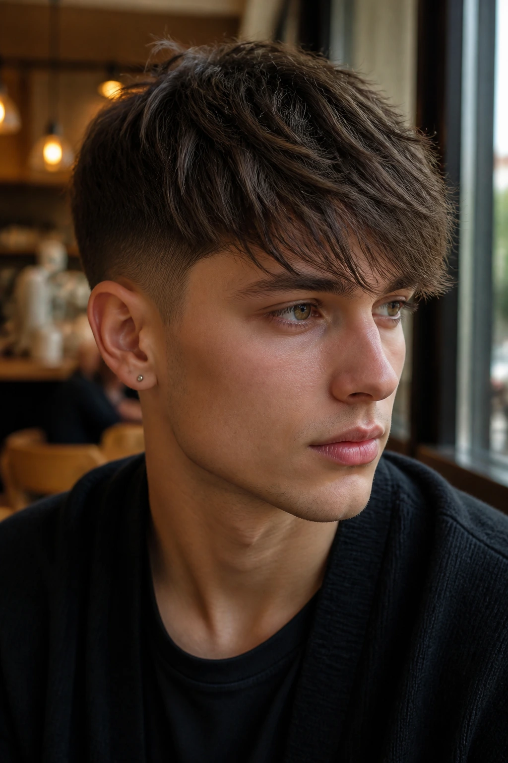 Close-up of real person with tapered crop and longer fringe.