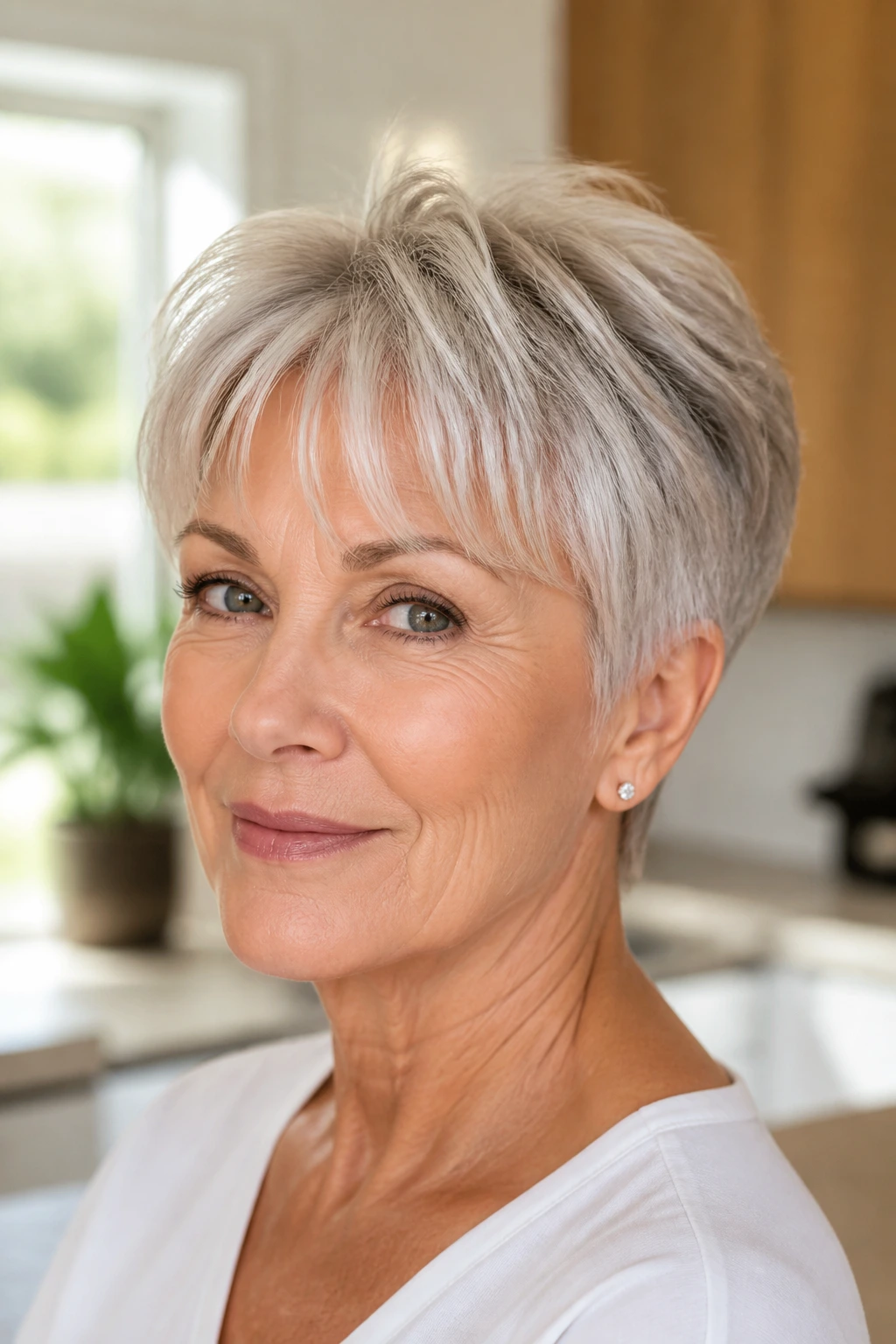 Close-up of a woman with a tapered crop and wispy bangs framing the forehead.