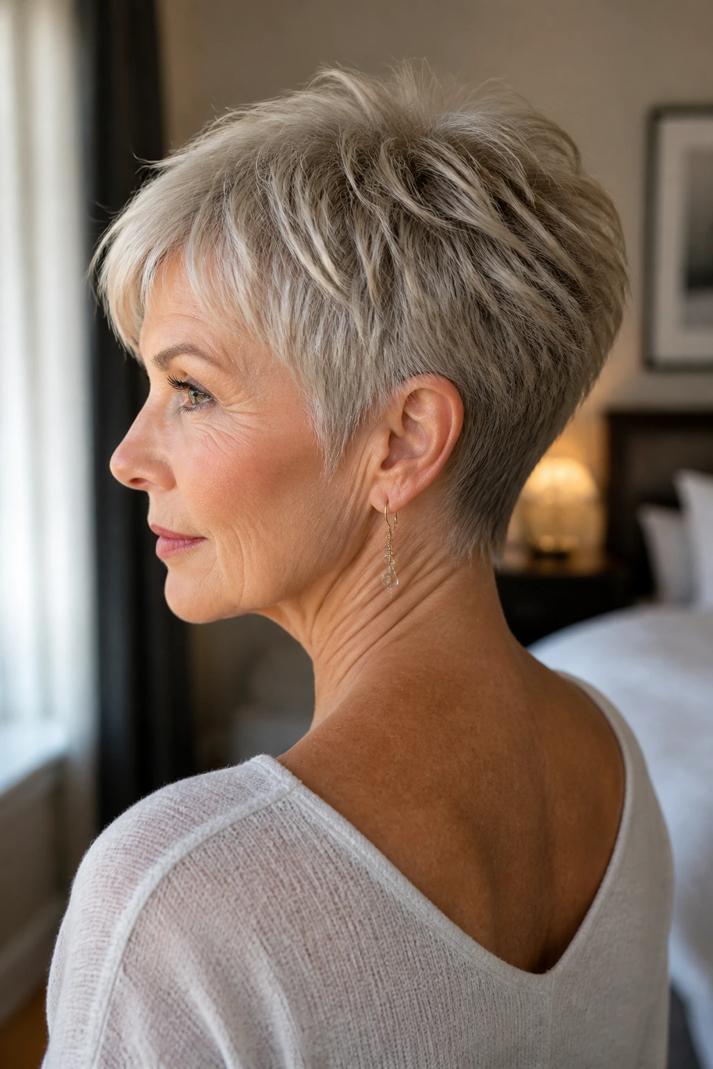 Woman with tapered crop and wispy nape in warm bedroom light