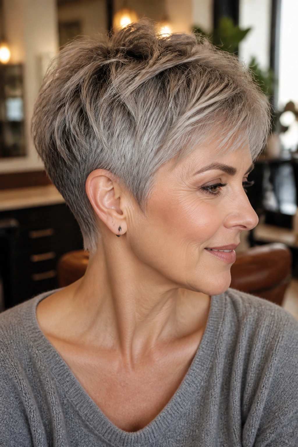 Close-up portrait of a real woman with a tapered crop and wispy neckline, soft nape and forward-brushed top.