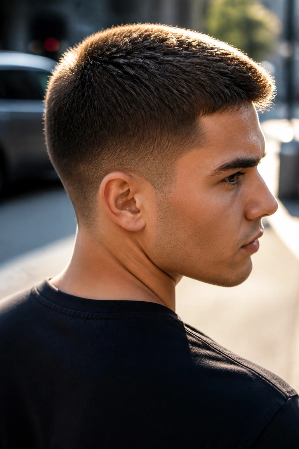 Man with tapered crown crew cut on street