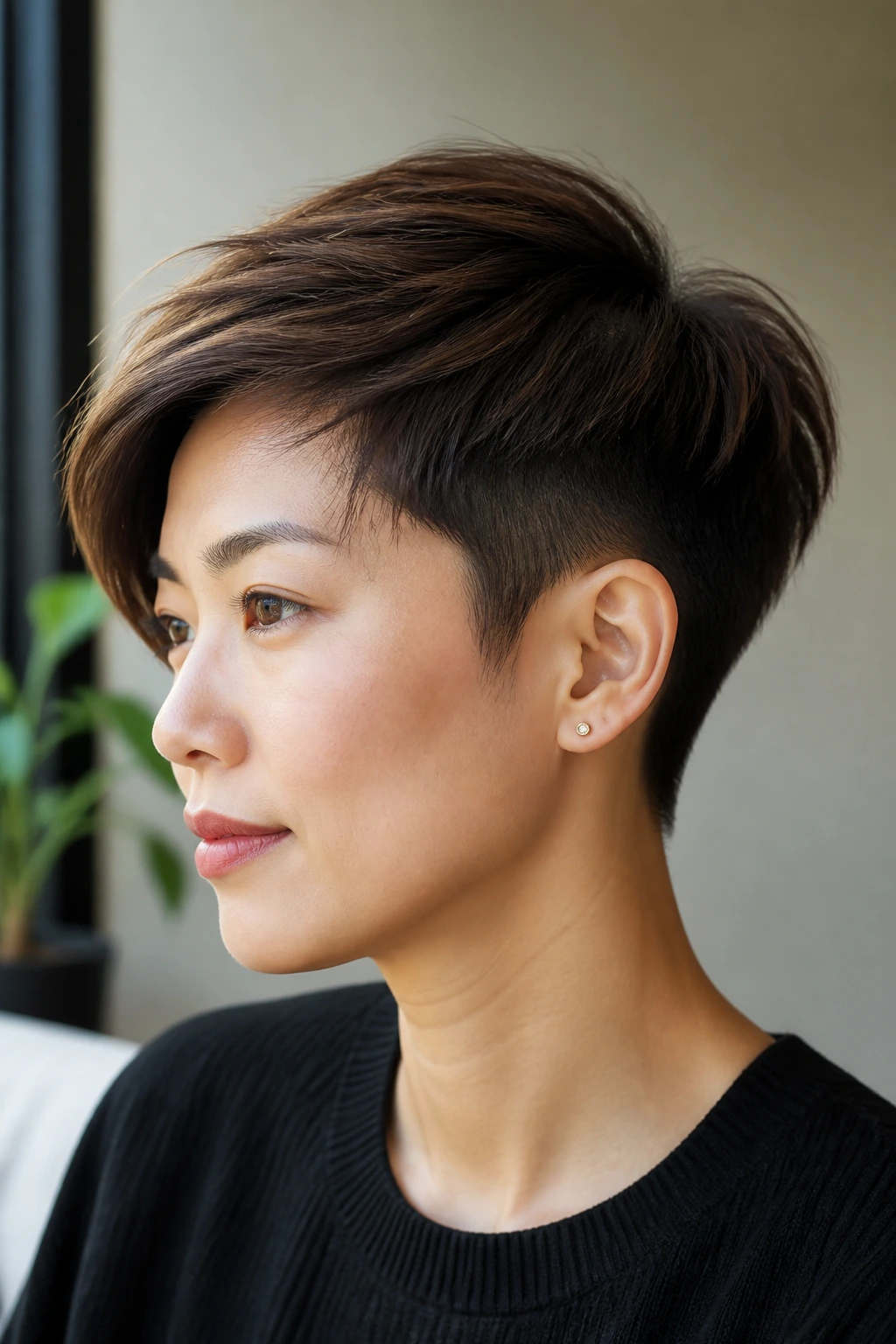 Asian woman with tapered crown crop hairstyle in close-up portrait