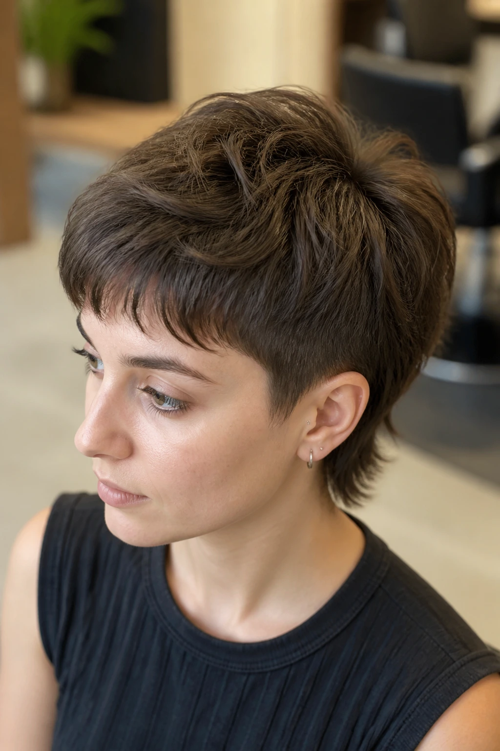 Close-up portrait of a real person with tapered crown wolf crop hairstyle in a modern salon backdrop.