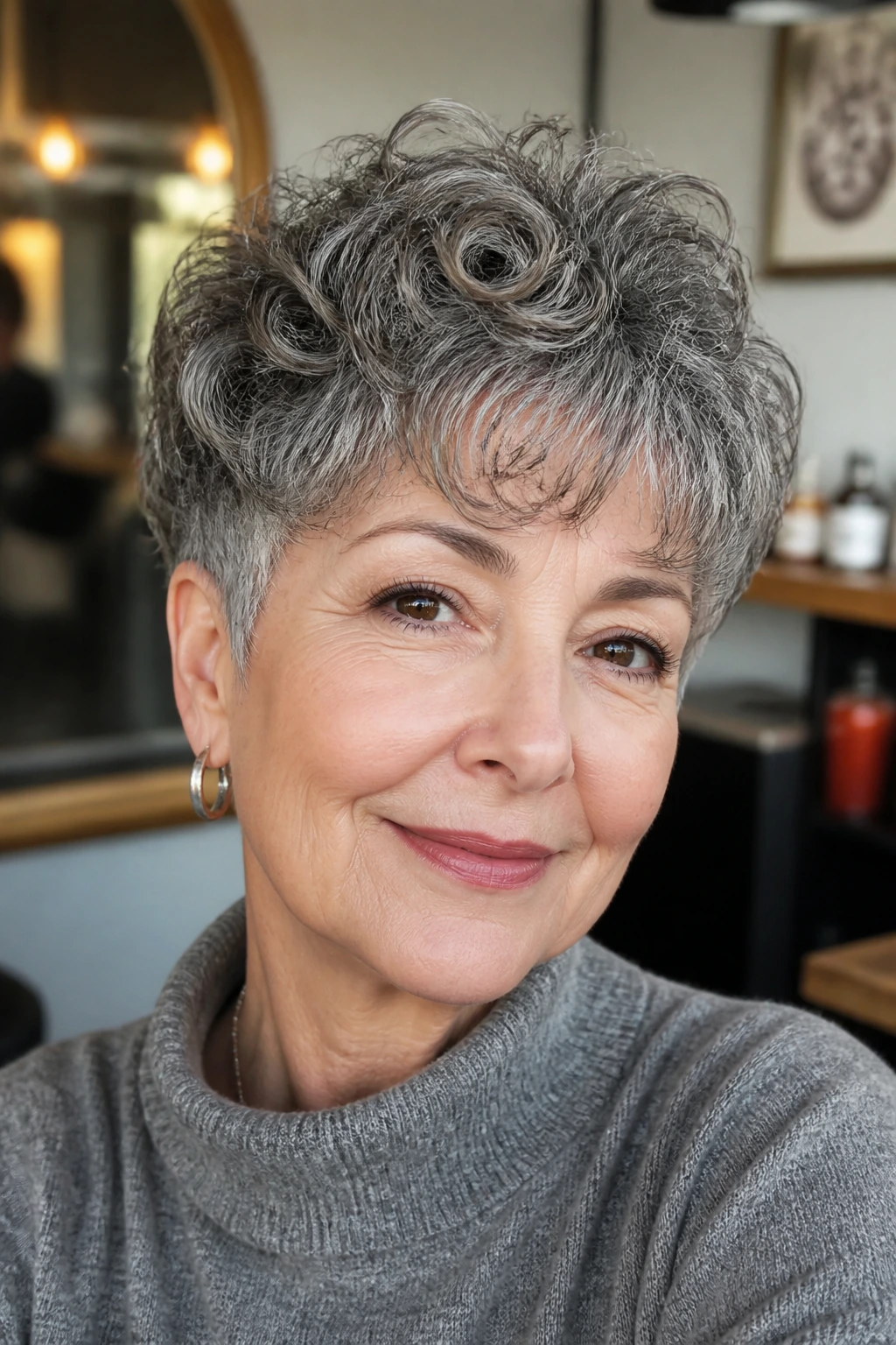 Real woman with tapered curl crop and feathered fringe in natural light.