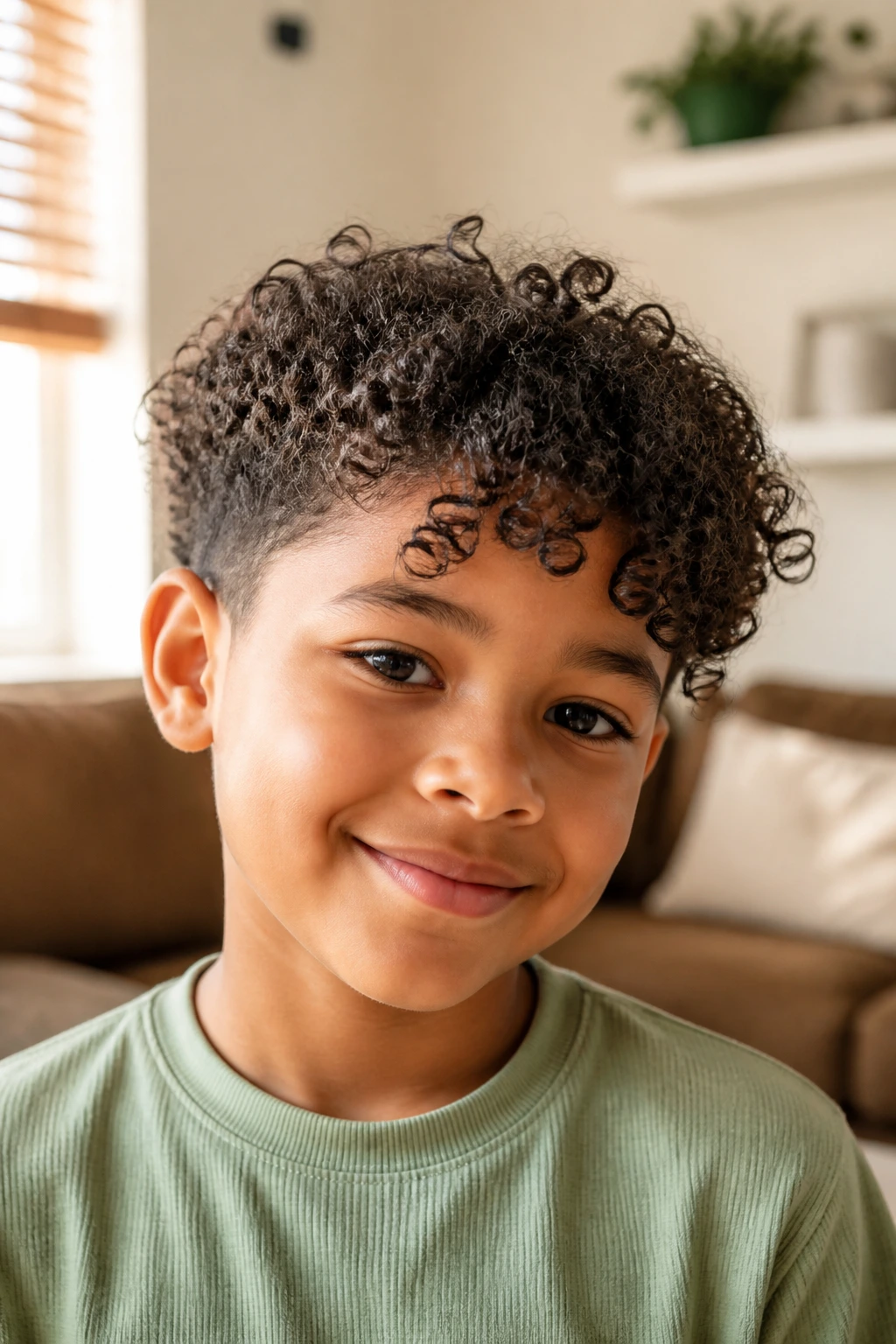 Child with tapered curls and bangs in warm window-lit room