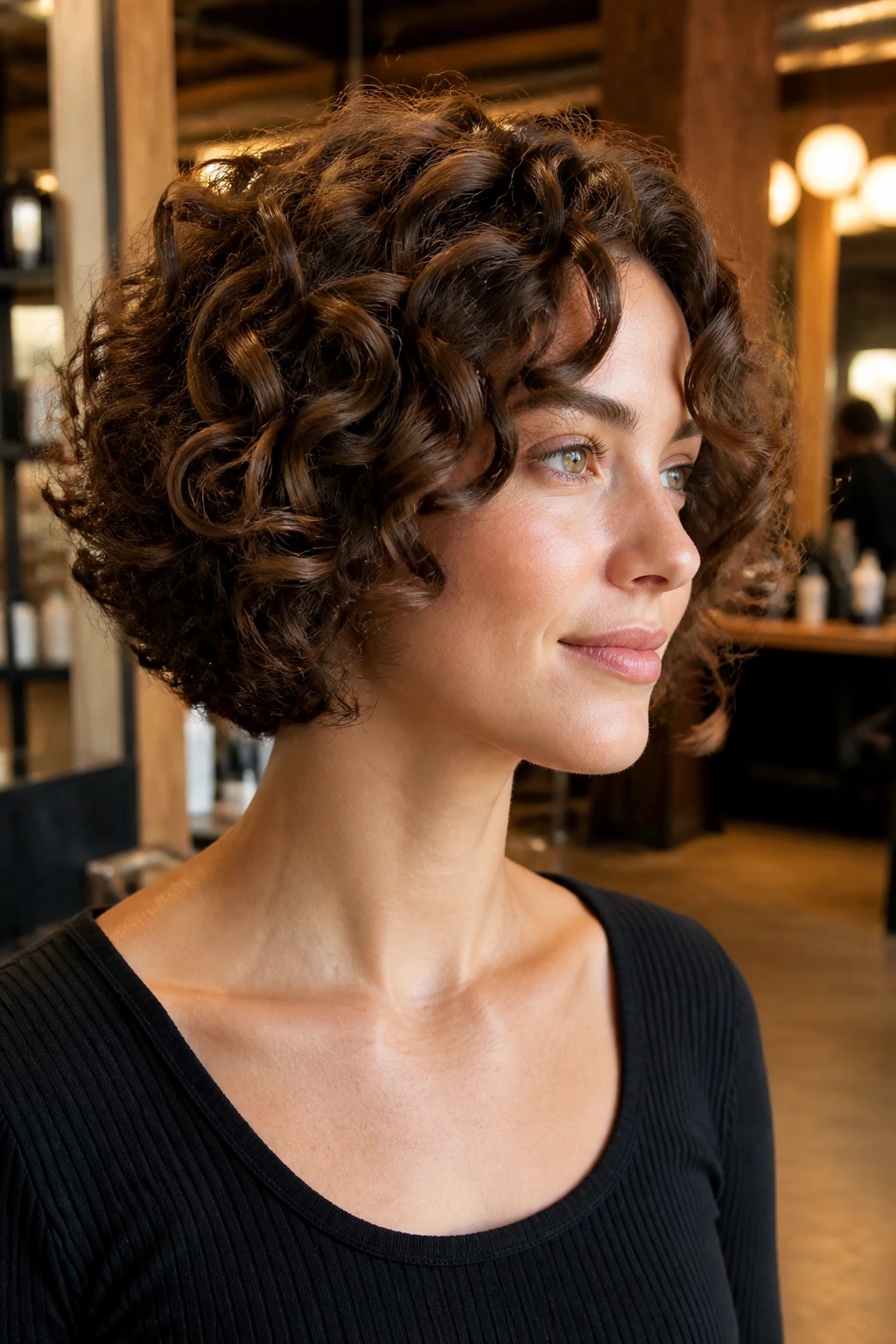 Close-up of a real woman with a tapered curly bob