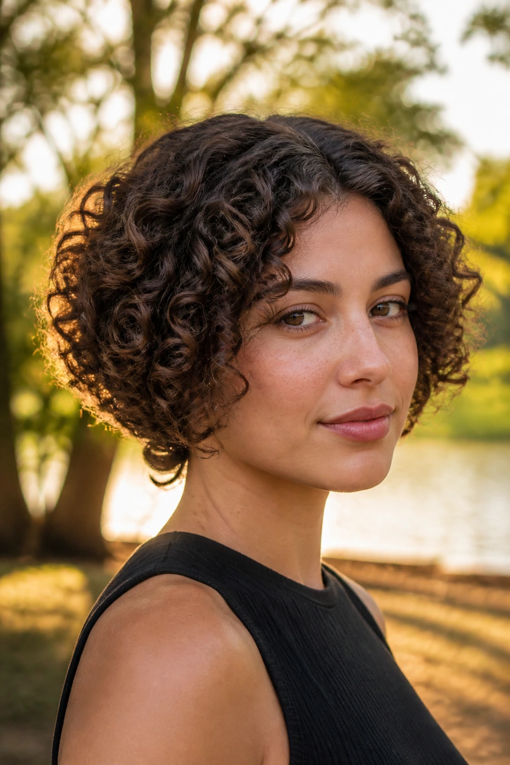 Close-up of real woman with a tapered curly bob narrowing toward the neck.