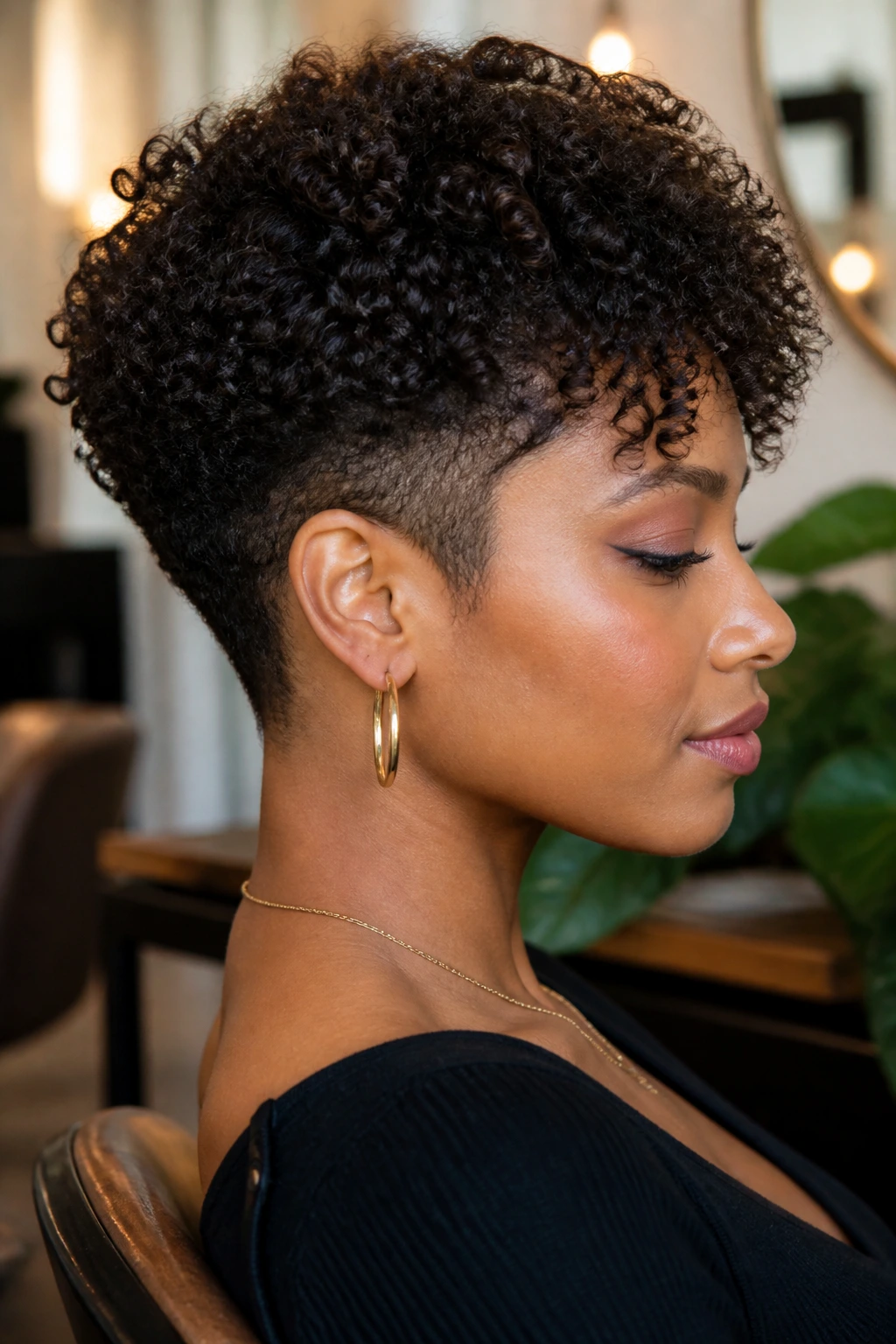 Portrait of a real person with a tapered curly bob showing refined sides and crown-length coils in warm indoor light.