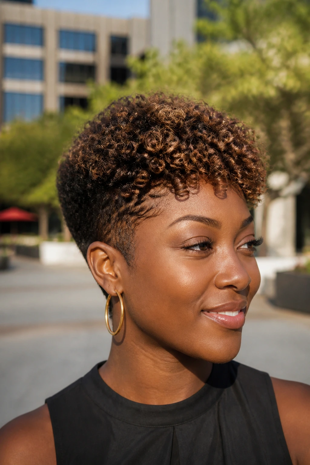 Close-up portrait of a real person with tapered curly crochet cut