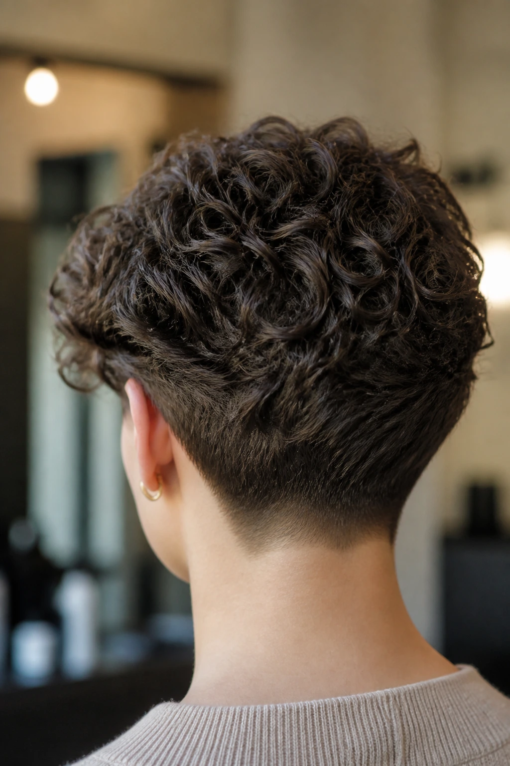 Back-of-head portrait of a real person with a tapered curly crop and a clean nape.