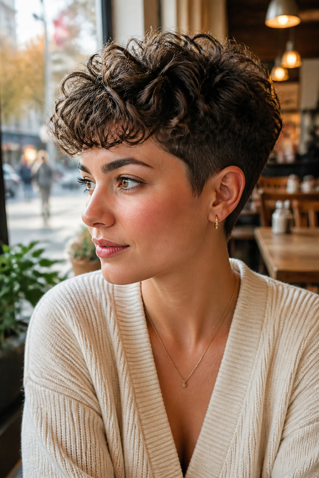 Close-up of a real person with a tapered curly crop in a warm cafe setting
